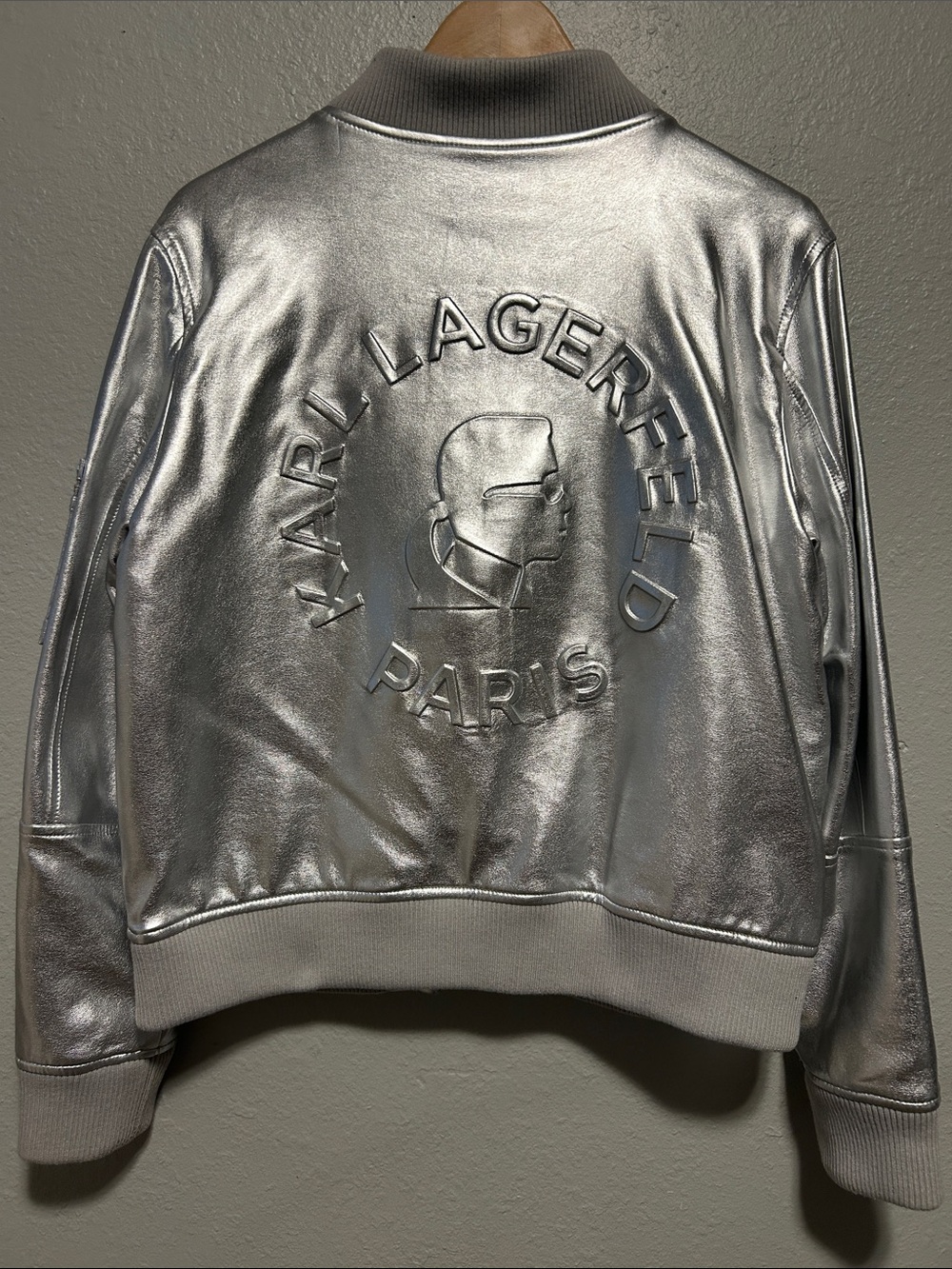 Karl Lagerfeld Silver Metallic Logo Bomber